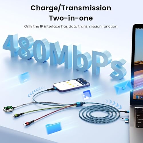 Travel Essentials 4 in 2 Multi Charging Cable for iWatch Charger, 1Pcs 5FT | Travel Charging Cords for Multiple Devices with Dual Type-C/IP/iWatch Charger, Travel Cable for iWatch Ultra/11-2, iPhone17-8 - color: Black&Blue