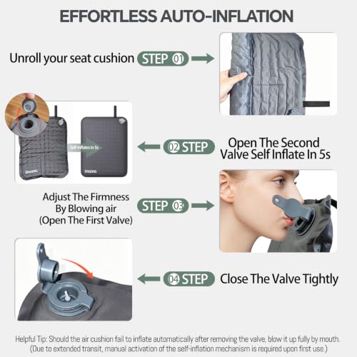 Self-Inflating Memory Foam Seat Cushion, Ultralight Portable Inflatable Travel Pad for Airplane, Stadium Bleachers, Camping, Hiking & Backpacking, Gray - color: Gray