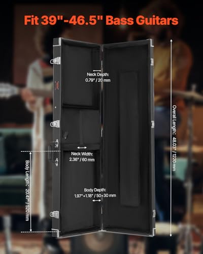 VEVOR Bass Guitar Hard Case, 48.03 in Rectangular Guitar Hard Case, With Lock Latch Keys Handle, PVC Padding Soft Lining Water-Resistant Hard Shell Guitar Cases, for 39-46.5 in Bass Guitars, Black - size: 48.03 inches Rectangular