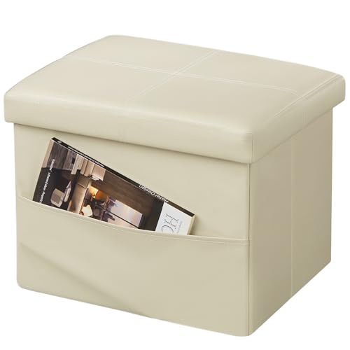 AmasSmile Ottoman with Storage,16" Folding Leather Foot Rest Chest,Beige - color: Beige Crosshairs 1 Pack., size: 16"*12"*12"with side pockets