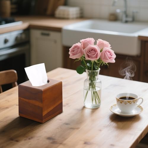 2 Pack Wooden Tissue Box Cover Square - Acacia Wood Tissue Box Holder for Tabletop Stands Bathroom Office- Decorative Facial Wood Tissue Box Cover for Modern Farmhouse Decor (Walnut)