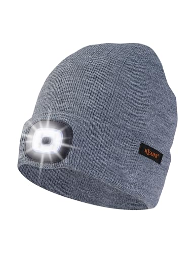 Keains Unisex Beanie with The Light ，Rechargeable LED Headlamp Cap， Warm Knit Hats for Winter Safety Gifts for Men Women Dad - color: Grey