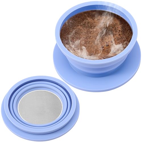 Collapsible Paperless Pour Over Coffee Dripper, Single Cup Travel Pour Over Coffee Maker Camping, Portable Silicone PourOver Coffee Filter with Reusable Metal Mesh Filter (Blue) - color: Blue
