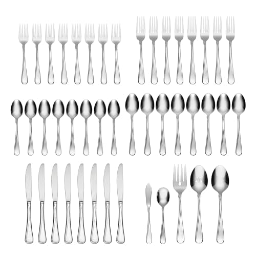 Oneida Flight 45-Piece 18/0 Silverware Set for 8, Flatware | mirror finish, dishwasher safe | includes serving spoons and utensil set | cutlery set, wedding silverware - style: 45-Piece Flatware Set