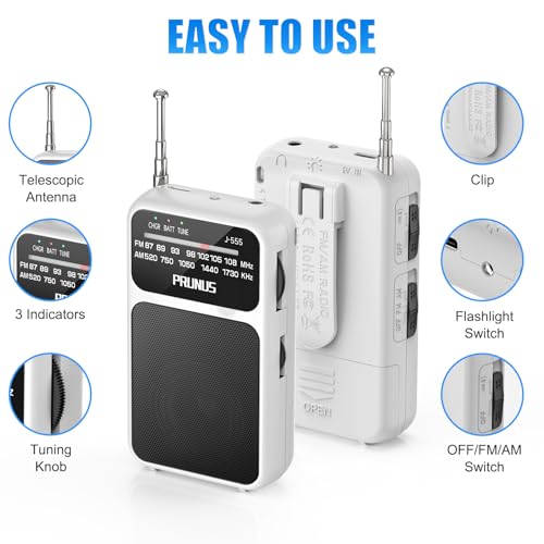 PRUNUS J-555 Pocket Radio AM FM USB-C Charging& Battery Operated, Back Clip - color: White