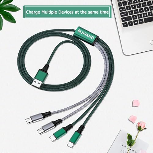 MJXIANG 2-Pack Multi Charger Cable 4 in 1, 4FT Braided Fast Charging 3A | with 2 Type C&2 Micro USB Ports, for iPhone 17 16 15 Series, Android Cell Phones Tablets, Four Devices/Travel/Game/Car/Home