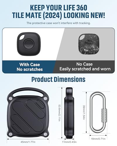 DDJ 4 Pack for Life360 Tile Mate 2024 Tracker Case, IPX8 Waterproof Protective Holder, Heavy Duty Anti-Loss Screw Lock Cover with Metal Carabiner for Keys, Luggage, Backpack & Pet Collar, Black