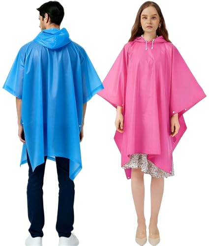 UPSEN Rain Ponchos for Adults, 2 Pcs Reusable Raincoats Coats Jackets Emergency for Women Men with Hood - color: 1 Blue+1 Pink
