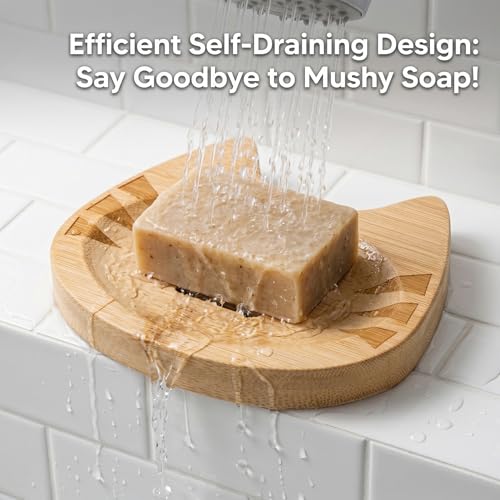 Bamboo Soap Dish Self Draining for Shower - Cute Cat Bamboo Soap Tray Holder Saver with Drainage, Natural Waterproof Decorative Tray for Bathroom, Kitchen, Sponges, Bath Tub, Shower, Sink - 1 Pack