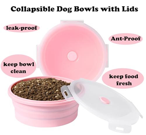 Joyinjojo Collapsible Dog Bowls with Lids, 2 Pack Portable Travel Dog Bowls for Small Medium Large Dogs, Silicone Foldable Outdoor Dog Cat Food Water Bowls for Camping Hiking Road Trip, Pink 40 oz - color: Pink, size: Extra Large