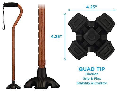Nova Joy Designer Offset Quad Cane for Seniors - Unisex Adjustable Lightweight Walking Aid with Foam Handle, Wrist Strap and Anti-Rattle Lock - Essential Mobility Support - Walnut Grain - color: Walnut Grain