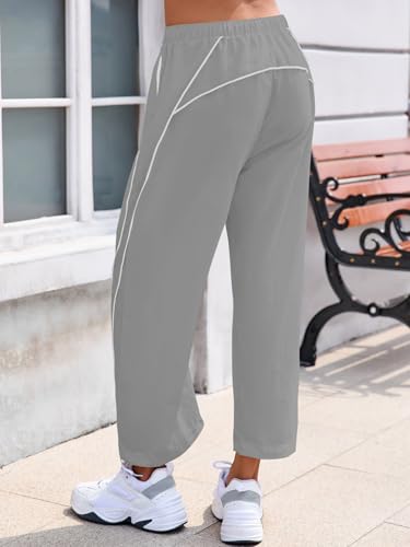 Fisoew Womens Baggy Wide Leg Casual Elastic Waist Cropped Pants - color: Light Grey, size: Small