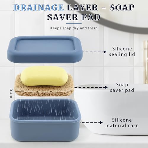 2Pcs Leak Proof Silicone Travel Soap Case with Enhanced Draining Layer, Shatterproof Soap Holder for Traveling, Camping, Gym, Bar Soap Caddy (Navy Blue+ Solid Color Cover)