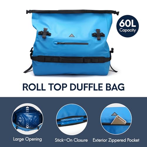 Haimont IPX7 Waterproof Roll-Top Dry Duffel Backpack | 60L/90L Sizes, 500D Tarpaulin, Welded Seams, Mesh Pockets, Boating & Kayaking - color: Blue, size: 60L