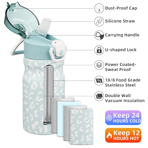 BJPKPK 14 oz Insulated Water Bottle, Straw, Handle, Stainless Steel Flask | Leak Proof Locking Lid, Double Wall Vacuum, Keeps Hot/Cold, BPA Free, Travel & Sports, Light Blue Leopard - color: A-Light Blue Leopard, size: 14 Ounces