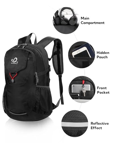 WATERFLY Lightweight Packable Hiking Backpack, 30L Day Pack Black | Foldable, Water Resistant Travel Daypack with Multiple Pockets, Wet Pocket, Ultralight Day Pack for Woman Man, Everyday Carry - color: Black