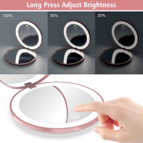 WOBSION Travel Mirror with Light, Rechargeable 1x/10x Compact Mirror - color: One-sided Light-rose Gold