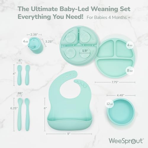 WeeSprout Baby Led Weaning Bundle, Silicone Suction Bowl, Spoons, Bib & Cup, Develops Self Feeding Skills, Dishwasher Safe (Mint) - color: Mint