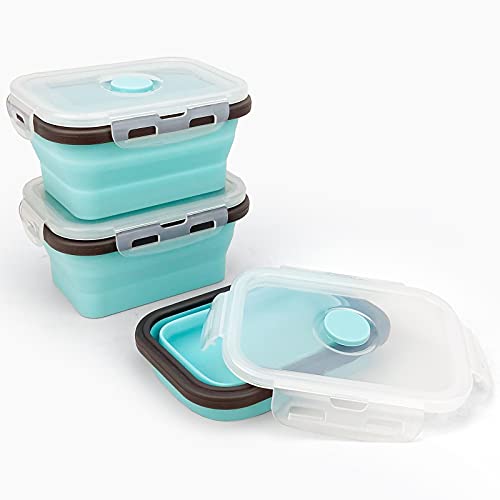 CCyanzi 3piece Collapsible Food Storage Containers with Lids, Silicone Lunch Container, Microwave & Freezer Safe, Space Saving for Kitchen Cabinet and Camping Backpack,(blue gray) - color: blue with gray