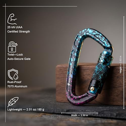 FresKaro UIAA Certified 25KN Auto Locking Climbing Carabiner Clips, Twist Lock, and Heavy Duty Carabiners for Rock Climbing, Rappelling, and Mountaineering, D Shaped - color: 3PCS-SPECKLED