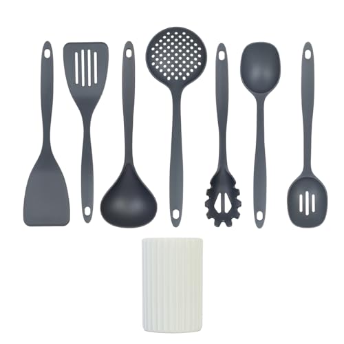 Glad Kitchen Utensils Set, 8pcs - Nonstick Cooking Tools with Utensil Holder - Nylon Spoon, Ladle, Skimmer, Spaghetti Server, and Turner Spatula Set - Dishwasher Safe, Grey - color: Gray, size: 8-piece Set