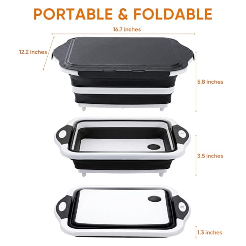 Collapsible BBQ Prep Tub with Lid, Foldable Camping Sink with Colander, Cutting Board, Dish Basin for Kitchen, Bowl, Vegetable and Fruit, Storage Basket for Picnic-Black - color: Black