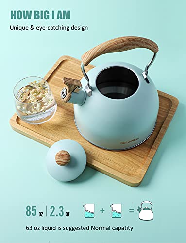 Tea Kettle, BELANKO 85 OZ / 2.5 Liter Whistling Tea Kettle, Tea Pots for Stove Top Food Grade Stainless Steel with Wood Pattern Folding Handle, Loud Whistle Kettle for Tea, Coffee, Milk - Turquoise - color: Turquoise