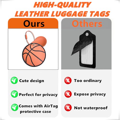 PU Leather Luggage Tag with Airtag Holder Case Set and Name ID Label - color: Basketball