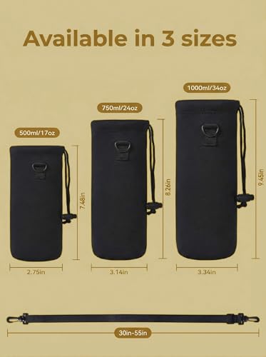 RICHEN Neoprene Water Bottle Carrier Bag with Adjustable Shoulder Strap,Insulated Water Bottle Cover for Stainless Steel/Glass/Plastic Bottles - color: Charcoal Black, size: 500ml