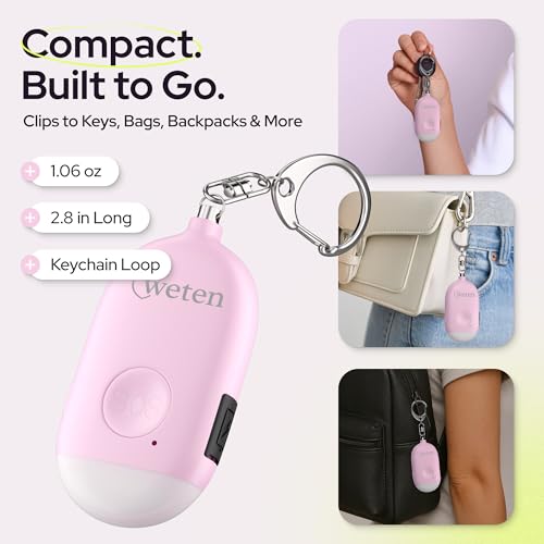 Weten Rechargeable Personal Alarm Keychain - 130dB Siren & LED Light - Stylish Personal Safety Alert for Women to Carry - Panic Button Alarm for Security - Rape Whistle for Self Defense (Pink) - color: C - Pink