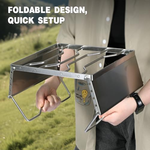 REDCAMP 12" Portable Open Fire Campfire Grill, 304 Stainless Steel Firepit Folding Campfire Grill Grate with Windscreen Height Adjustable Legs and Bag for Outdoor Backpacking Hiking Picnics BBQ - size: Windscreen 12"x9.5"x7.5"