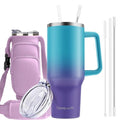 40oz Travel Tumbler with Handle and Straw, Water Bottle with Carrier Bag - color: Blue Purple