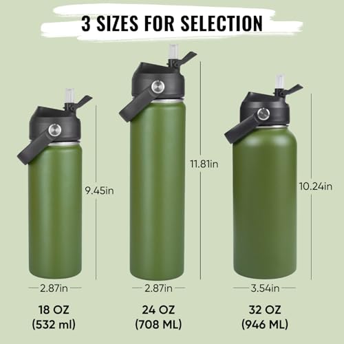 Fijinhom 18oz Insulated Stainless Steel Water Bottle, Wide Mouth Double Wall Vacuum, Silicone Straw, Sweat & Leak Proof, BPA Free Insulated Water Flask for Travel, Keep Cold 24h Hot 12h, Green - color: Green, size: 18 Ounces