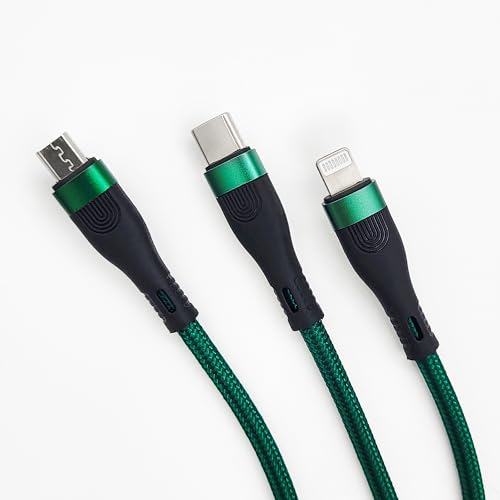 M.A.D LAB 100W USB-C Multi Charging Cable, 3-in-1 Nylon Braided, 4.3 ft | Multi charger cable: USB-C, Lightning and Micro-USB tips; up to 100W fast charge and 480Mbps data via USB-C connector only