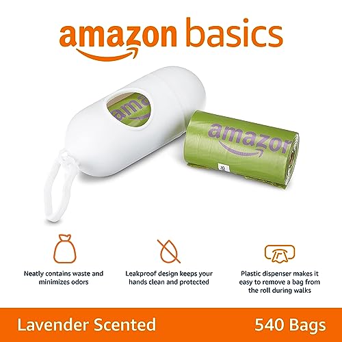 Amazon Basics Premium Leak Proof Dog Poop Bags with Dispenser and Leash Clip, Lavender Scented, 13" x 9", 540 Count (36 Rolls of 15) - style: 540 Bags