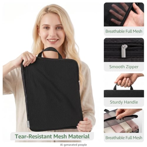10 Set Compression Packing Cubes for Travel Essentials Luggage, Mesh Collapsible Packing Cubes for 26 Inch Luggage, Expandable Travel Packing Organizers with Shoe Laundry Bag (Black, 26") - color: Black, size: 10 Set (For 26" Luggager/Large)