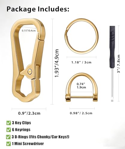 Metal Key Chain Carabiner Clip with Key Ring and D Ring | Heavy duty build, full accessory packs, quick release, multi purpose hook, belt loop holder, separate home and car fob sets - color: 3 Pcs Gold