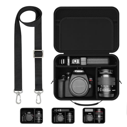 Hard Shell Camera Case Compatible with Canon EOS Rebel T7/R50/R100 and More DSLR & Mirrorless Cameras – Portable Travel Bag with Adjustable Dividers, Mesh Pocket & Shoulder Strap (Black) - color: Black