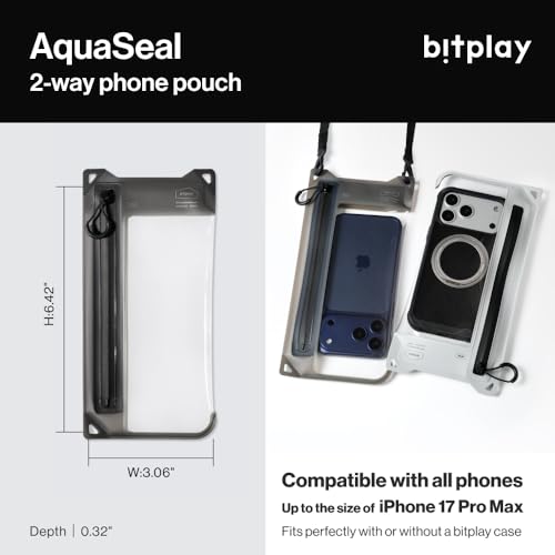 bitplay AquaSeal IPX8 Waterproof Phone Pouch, Outdoor Dry Bag with Adjustable Lanyard for Universal Phone Case,Vertical Wear, Black - color: Black