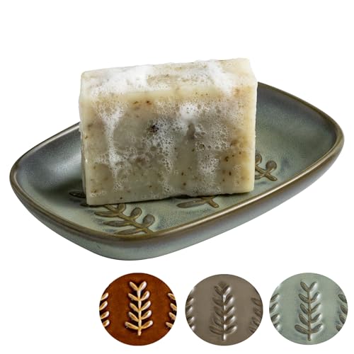 Miamolo Bar Soap Holder for Shower, Soap Dish for Bathroom, No Mushy Soap | Ceramic Soap Saver Tray for Vanity, Tub, Kitchen Sink | Long-Term Bathroom Use Pro-Environment, Housewarming Gift, Dark Green - color: Dark Green, size: Leaf Design