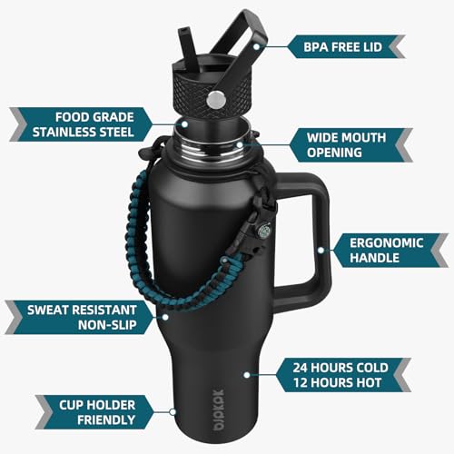 BJPKPK 35oz Insulated Water Bottle with Handle & Straw Lid, Stainless Steel - color: Black, style: 35oz-Side Handle