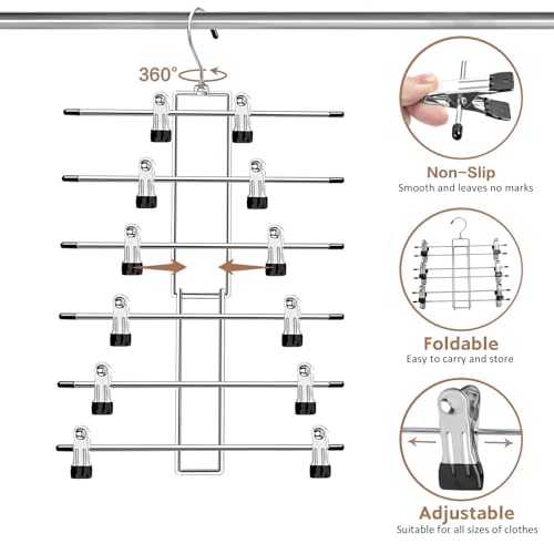 Pants Hangers with Clips,Space Saving Hanging Closet Organizer-6 Tiers Skirt Hangers with 360° Swivel Hook,Closet Organizer-Clothes Hangers - size: 1pack