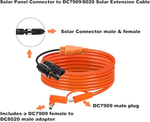 Solar Connector to DC 8mm Adapter Cable 50FT, 12AWG + 14AWG Tinned Copper Wire with DC7909 to DC8020 Adapter, Heavy Duty Charging Cable for Portable Power Station, RV, Outdoor Camping - size: 50FT