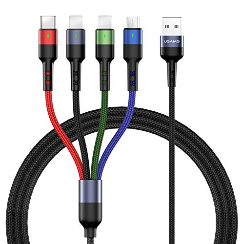 USAMS 2Pack Multi Charging Cable Charger Cord Nylon Braided 10ft/3m 4 in 1 USB Adapter with IP/Type C/Micro Connector for Phone/Galaxy and More - color: Multicolored, size: 10ft
