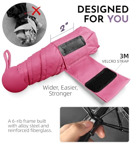 Travel Size Mini Umbrella with UPF 100+ UV Rain Protection, Compact Small & Lightweight Pocket-Sized Folding Umbrellas with Case for Purse & Backpack, Thoughtful Gift Women Men & Kids - color: Rose