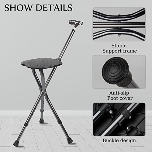 Yayayo Hold 440 lbs Folding Canes with Seat Walking Stick Height Adjustment Cane Seat Capacity Frosted Handle with Magnetic Therapy Stone Crutches Stool - color: Square LED