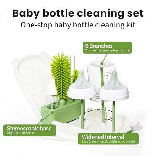 LEQXGO Travel Baby Bottle Cleaner Kit with Storage Case, 7-in-1 Baby Bottle Brush Set with Drying Rack for Breast Pump Parts, Bottle Washing Kit - Baby Travel Essential for Flying & On-the-Go (Green) - color: Green