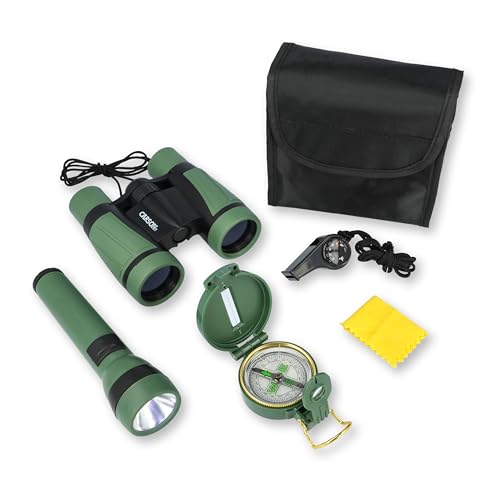 Carson AdventurePak Containing 30mm Kids Field Binoculars, Lensatic Compass, Flashlight and Signal Whistle with a Built-in Thermometer (HU-401), Multicolor - style: Binocular Kit