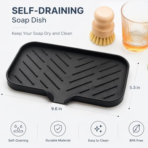 MicoYang Silicone Soap Dish with Drain Spout — Self-Draining Sink Organizer Tray for Bathroom & Kitchen, Sponges, Dispensers & Soap Holder, Non-Slip & Dishwasher Safe, Black (Medium, 9.6"×5.3") - color: Black, size: M(9.6"×5.3")
