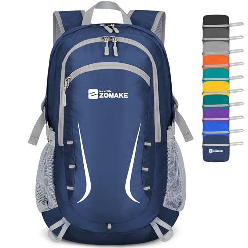 ZOMAKE Lightweight Packable Backpack 35L, Foldable Backpacks Water Resistant Collapsible Light Daypack for Hiking(Navy Blue) | Light Hiking Backpacks Water Resistant Collapsible Day Pack for Travel, Everyday Carry, Multi-Pocket Layout, Heavy Duty Nylon -